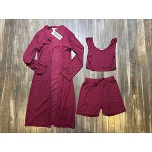 Fuyukai Womens 3 Piece Ribbed Lounge Set Duster Crop Top Shorts Burgundy Wine